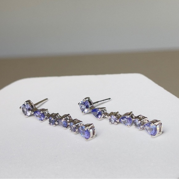 925 Silver Round and Pear Shaped December Birthstone Tanzanite Dangle Earrings - Picture 9 of 17